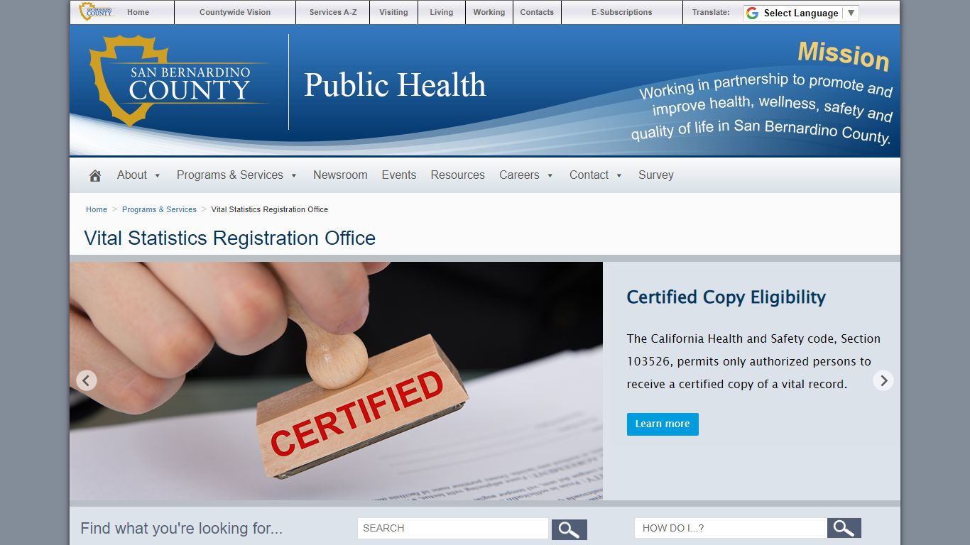 Vital Statistics Registration Office - San Bernardino County