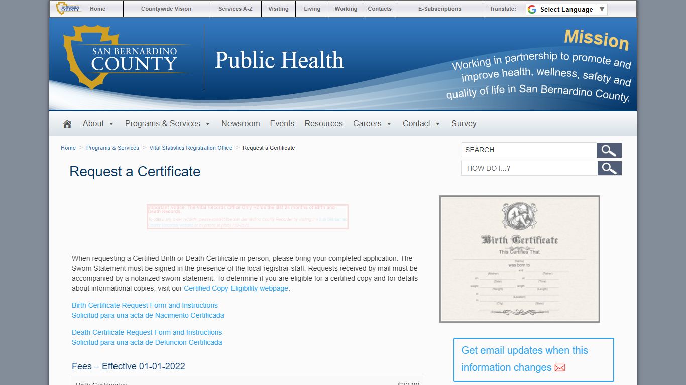 Request a Certificate | Department of Public Health